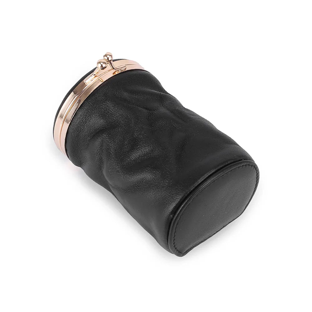 Leather Cosmetic Case – Barrel-Shaped Makeup Bag with Mini Mirror