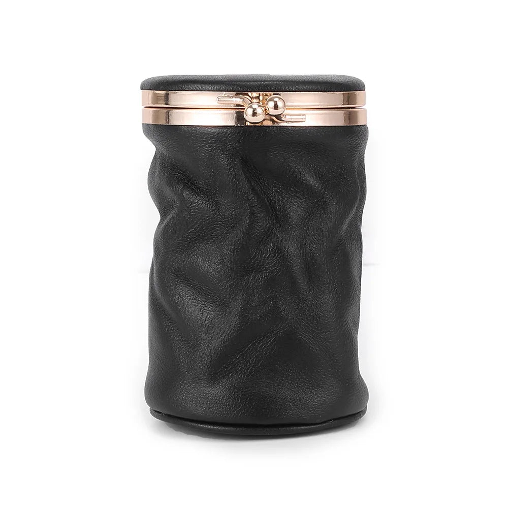 Leather Cosmetic Case – Barrel-Shaped Makeup Bag with Mini Mirror