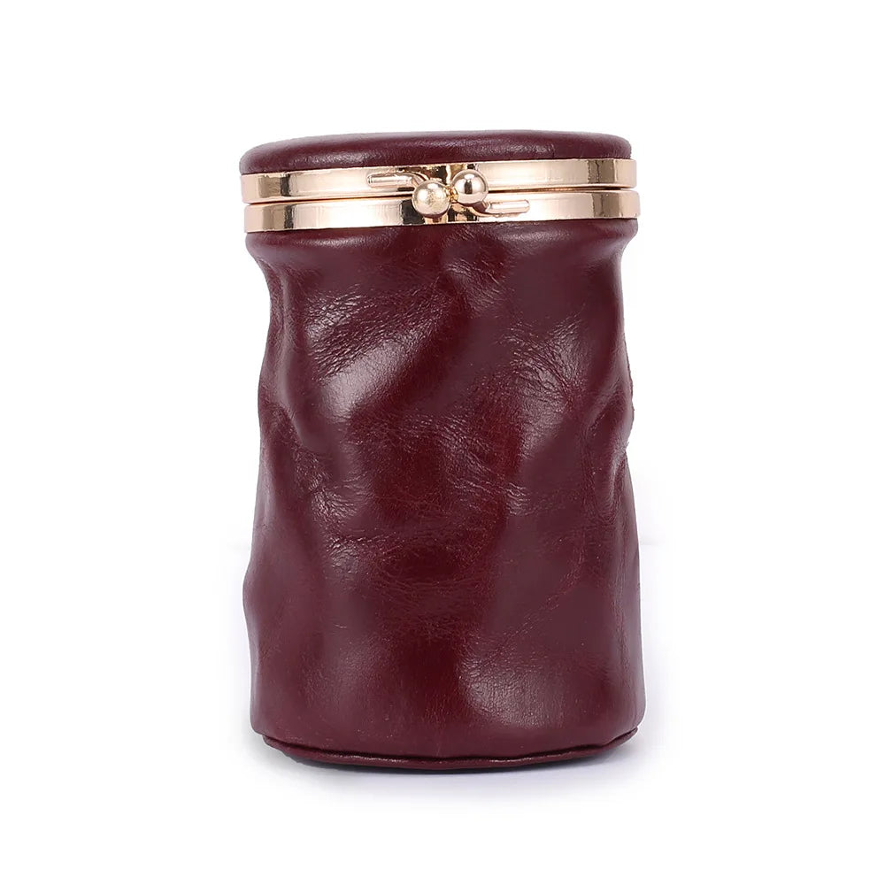 Leather Cosmetic Case – Barrel-Shaped Makeup Bag with Mini Mirror