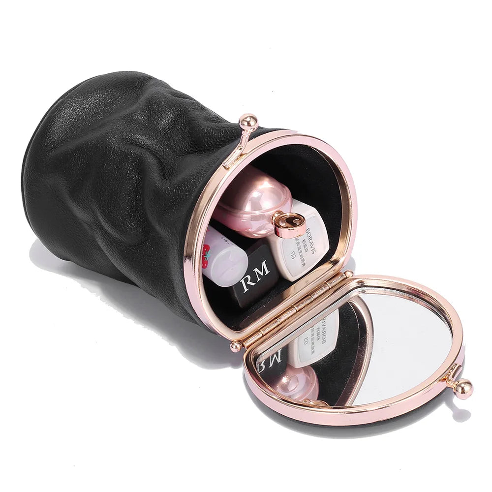 Leather Cosmetic Case – Barrel-Shaped Makeup Bag with Mini Mirror
