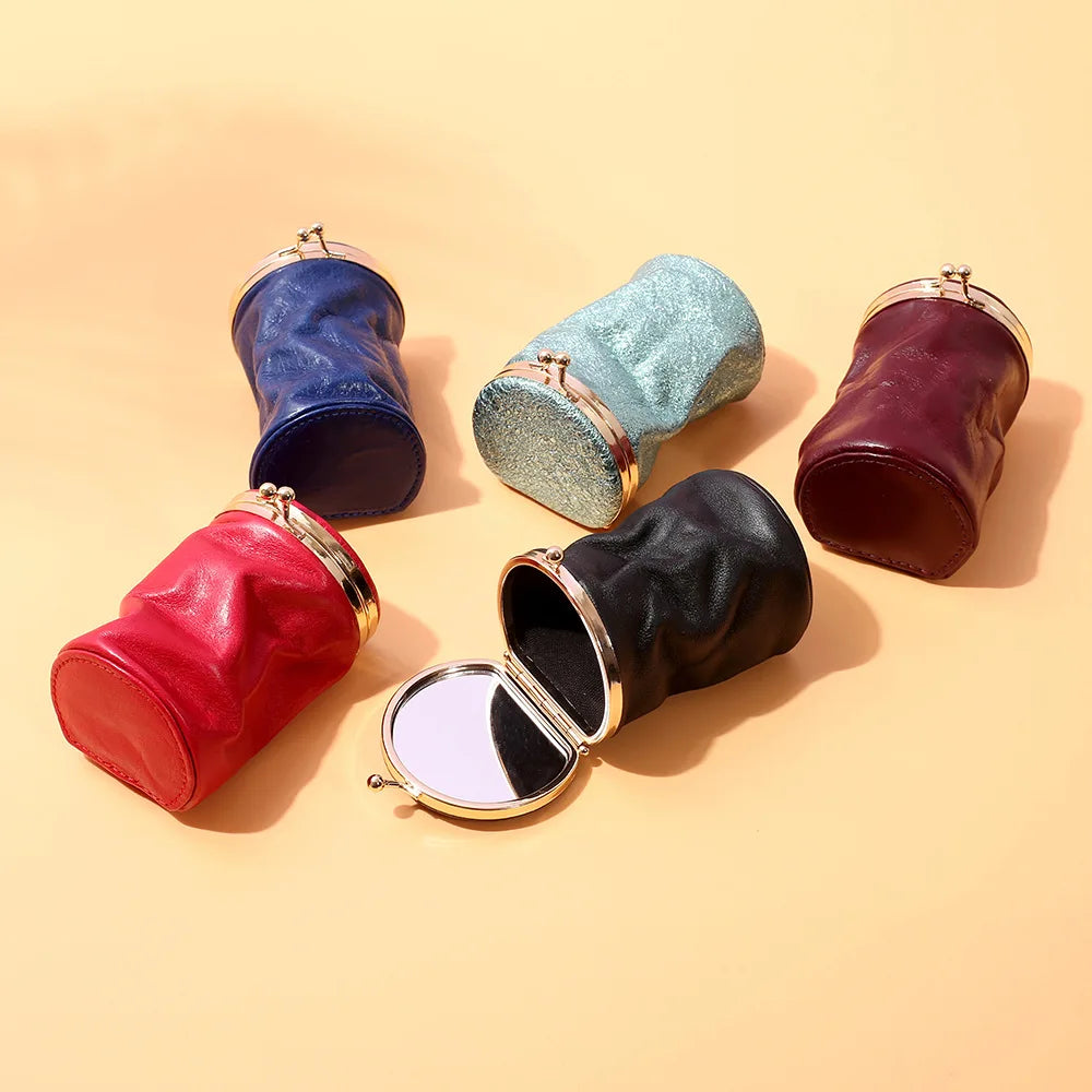 Leather Cosmetic Case – Barrel-Shaped Makeup Bag with Mini Mirror