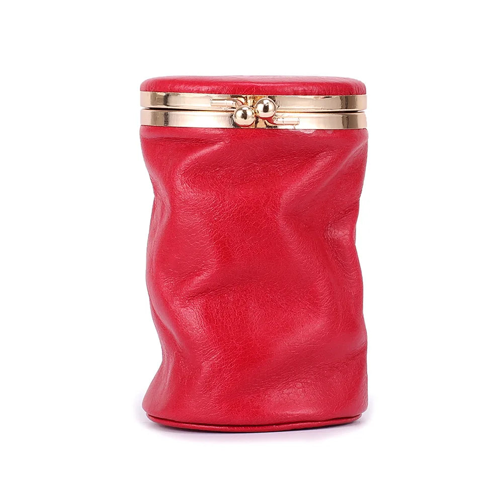 Leather Cosmetic Case – Barrel-Shaped Makeup Bag with Mini Mirror