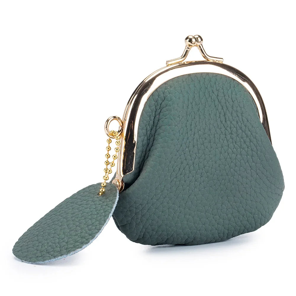 Genuine Leather Kiss-Lock Coin Purse Clutch