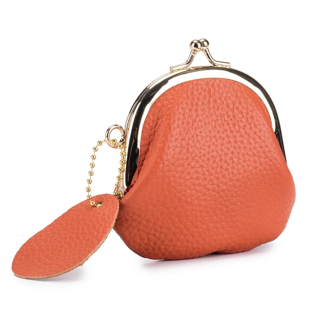 Genuine Leather Kiss-Lock Coin Purse Clutch