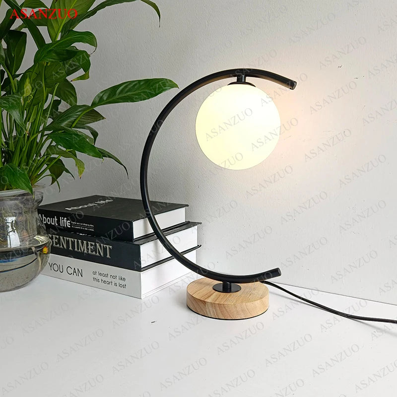 Glass Ball Wood Table Lamp