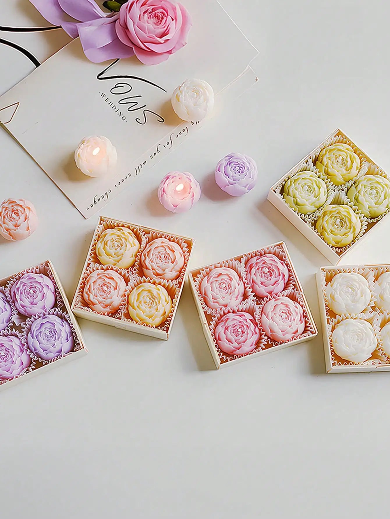 Rose Flower Shaped Soy Wax Candle Set of 4 Gift Box, Handmade