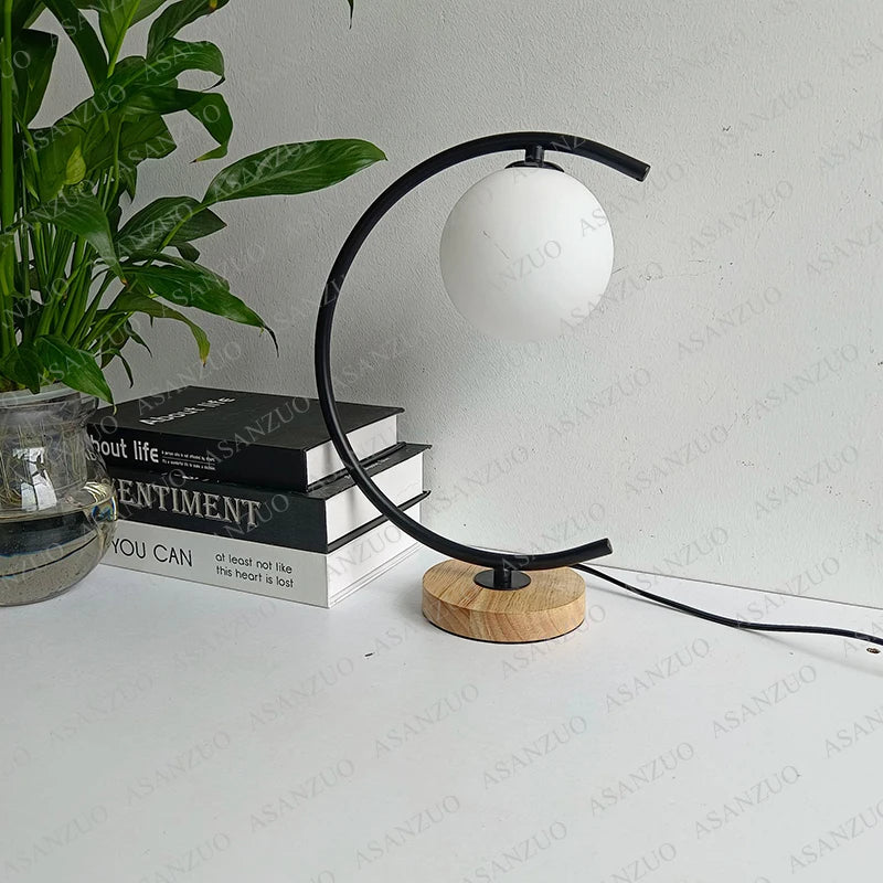 Glass Ball Wood Table Lamp