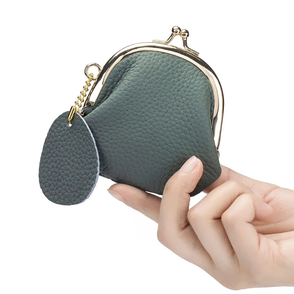 Genuine Leather Kiss-Lock Coin Purse Clutch