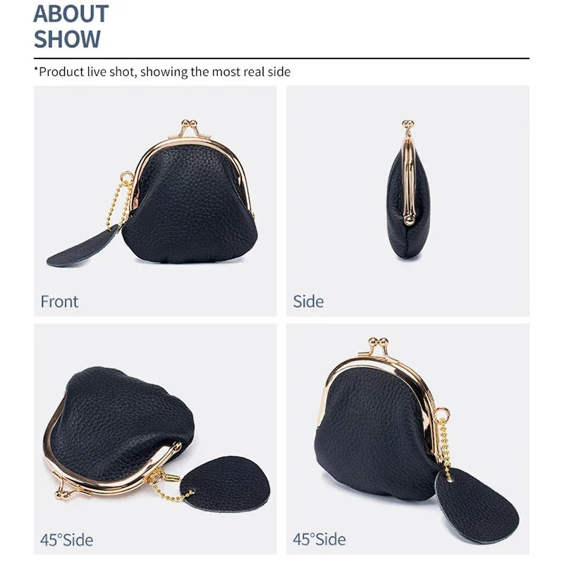 Genuine Leather Kiss-Lock Coin Purse Clutch