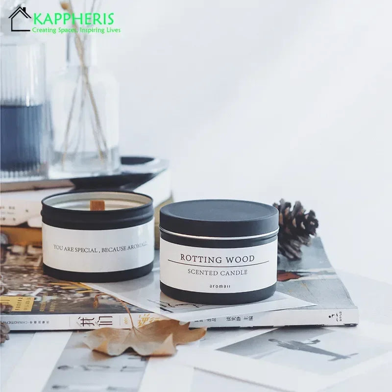 Black Tin Can Scented Aromatic Candles Wooden Wick Candle Jars with