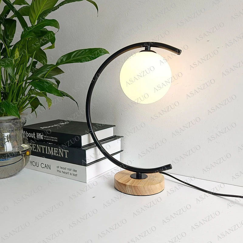 Glass Ball Wood Table Lamp