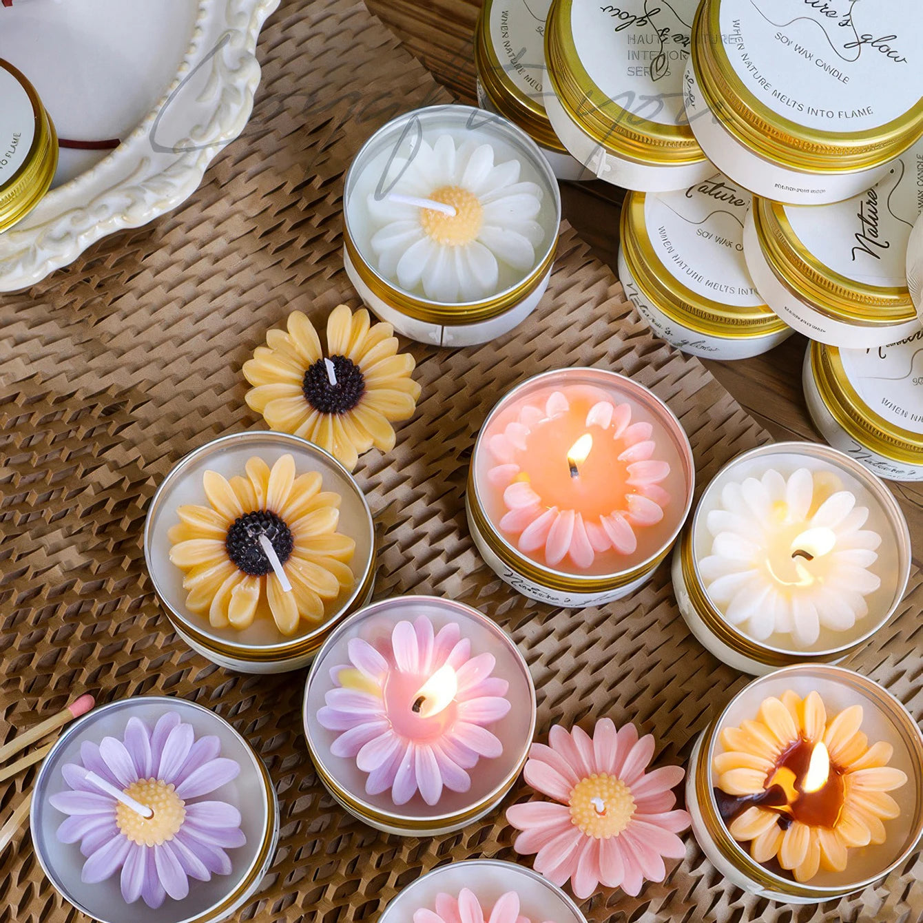 Chamomile Scented Candle Tin, Handmade Soy Wax Flower Candle,