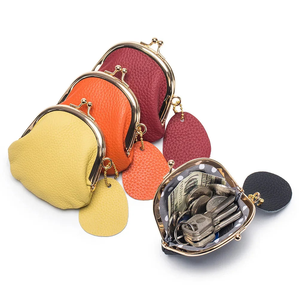 Genuine Leather Kiss-Lock Coin Purse Clutch