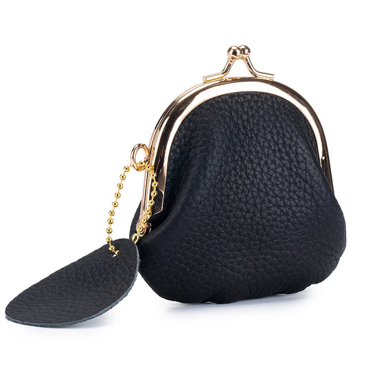 Genuine Leather Kiss-Lock Coin Purse Clutch